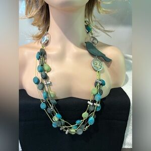Caracol Statement Necklace with Bird Pendant & Multicolor Beads